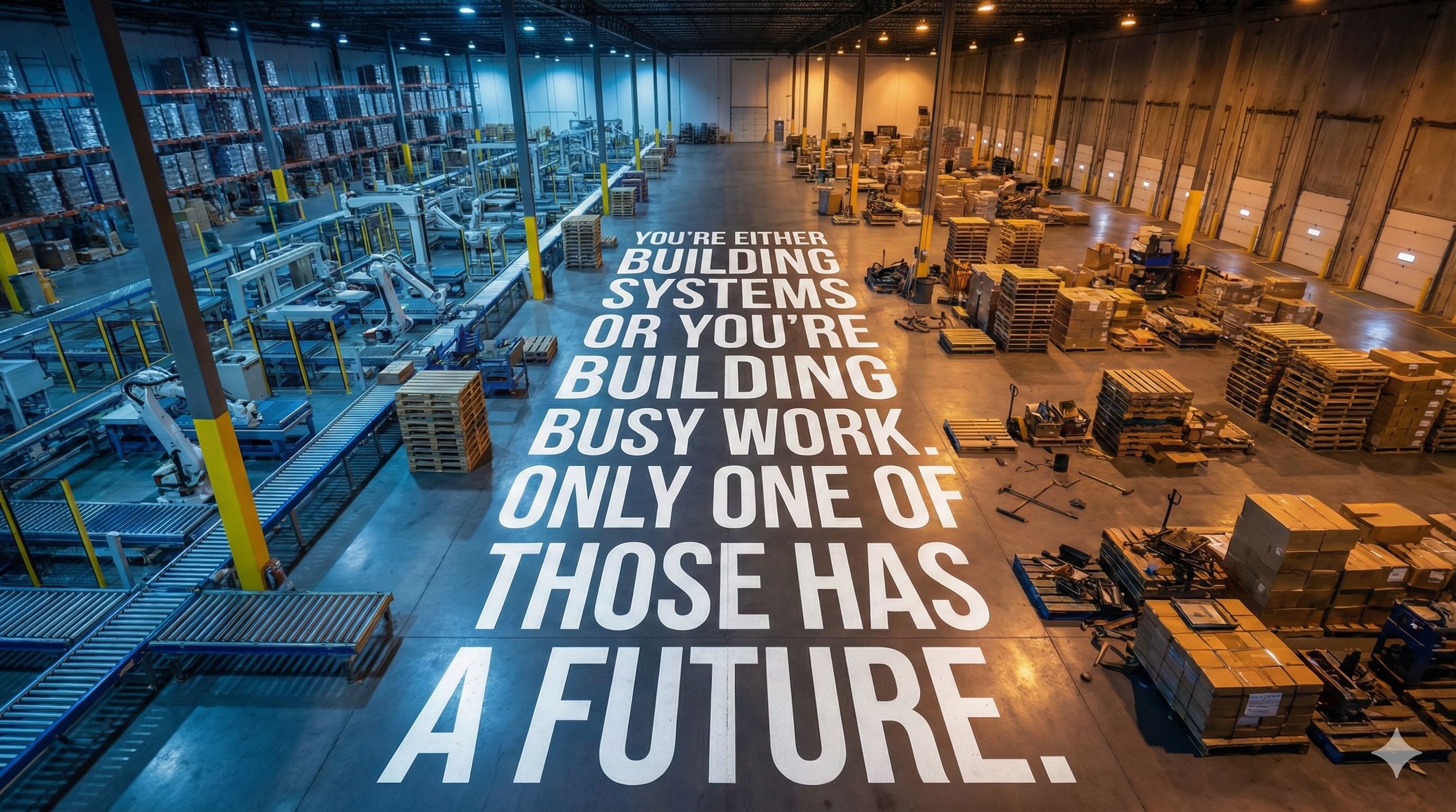 White text projected onto a factory floor