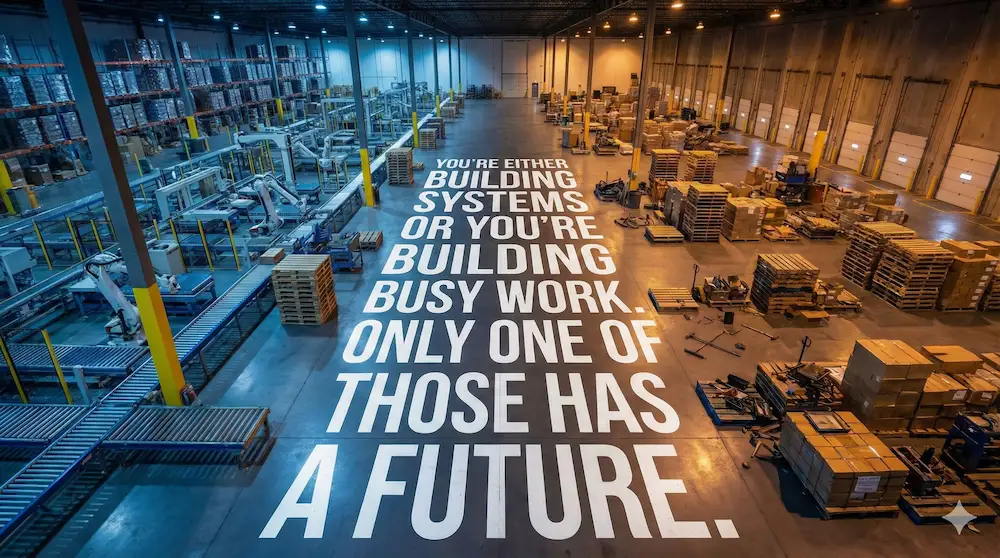 White text on factory background: 'You're either building systems or you're building busy work.'