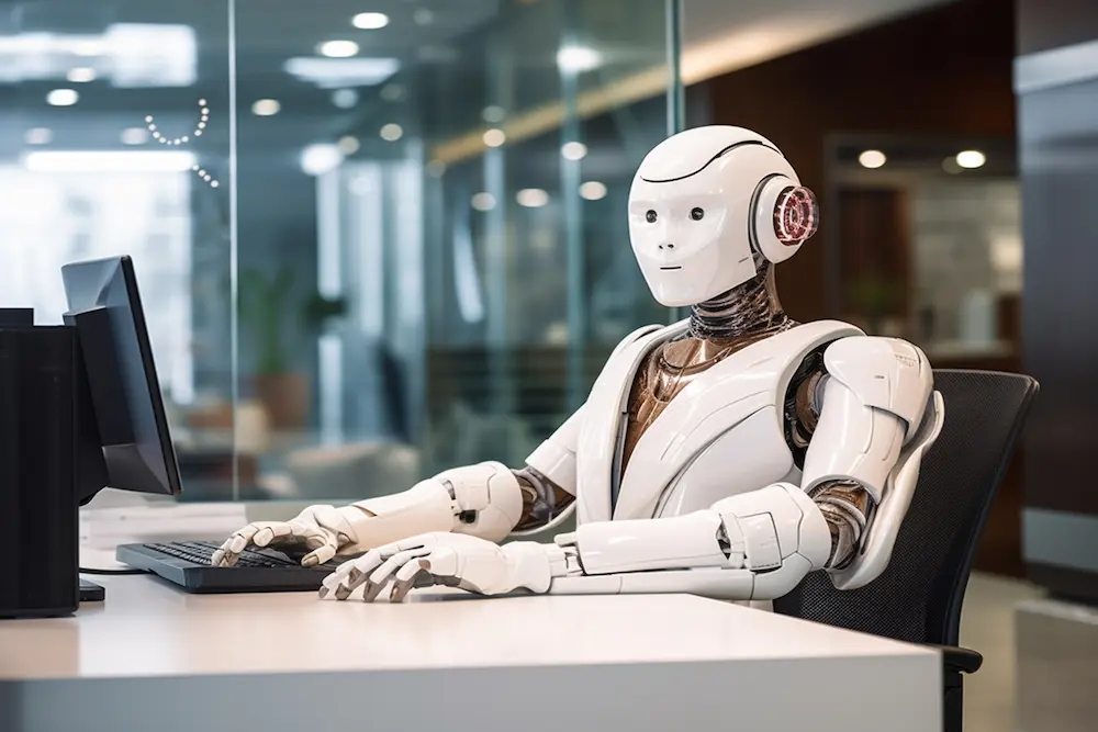A robot sitting at a desk performing a human job at a computer.